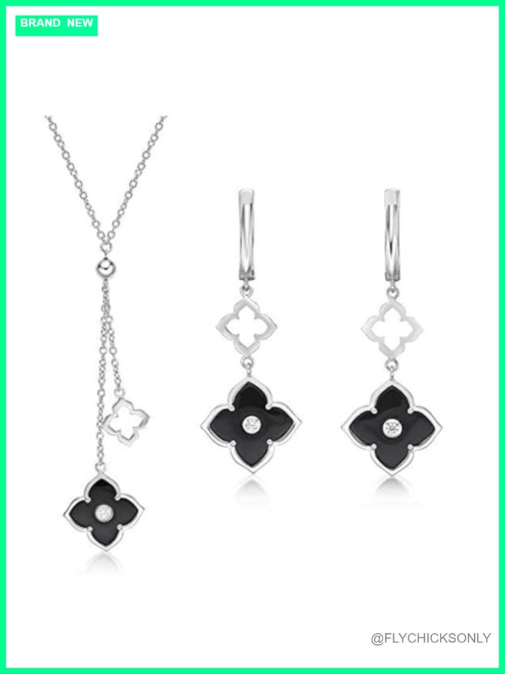 925 Sterling Silver Black Onyx Cubic Zirconia Drop Earrings Necklace Set